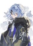  1boy alternate_costume bangs black_mask blue_eyes blue_hair blush closed_fan folding_fan fur_trim genshin_impact hand_fan highres holding holding_fan japanese_clothes kamisato_ayato looking_at_viewer male_focus mask mask_over_one_eye mole mole_under_mouth persimmon_(lsxh3) ribbon-trimmed_sleeves ribbon_trim simple_background solo upper_body wide_sleeves 