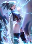  1girl blue_eyes blue_hair blue_lips blue_theme breasts electricity gothic hand_up lips lipstick looking_at_viewer makeup medium_hair ross_tran small_breasts thighs 