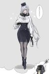  1girl 1other alternate_costume arknights bag black_gloves blush blush_stickers breasts doctor_(arknights) gladiia_(arknights) gloves grey_hair grey_legwear handbag hat highres large_breasts long_hair pantyhose pencil_skirt pointy_ears red_eyes rmfjy2 skirt 