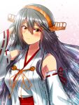  1girl absurdres anniversary bare_shoulders black_hair blush detached_sleeves doradorazz hair_ornament hairclip hand_in_own_hair haruna_(kancolle) haruna_kai_ni_(kancolle) headgear highres kantai_collection long_hair looking_at_viewer nontraditional_miko ribbon-trimmed_sleeves ribbon_trim sarashi smile solo twitter_username upper_body wide_sleeves 