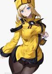  1girl absurdres ashiomi_masato bangs belt blonde_hair blue_eyes blush breasts eyebrows_visible_through_hair fingerless_gloves fur_hat gloves guilty_gear guilty_gear_strive guilty_gear_xrd hand_on_own_chest hat highres license_plate long_hair looking_at_viewer medium_breasts millia_rage pantyhose simple_background solo staring twitter_username ushanka white_background white_gloves 
