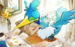  bird coffee commentary_request cramorant cup curtains envelope feathers flower indoors mirror mouth_hold mug nao_(naaa_195) no_humans package pokemon pokemon_(creature) quill solo yellow_flower 