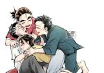  1boy 1girl 3boys ^_^ akaza_(kimetsu_no_yaiba) alternate_universe bangs_pinned_back barefoot black_hair blush bodypaint closed_eyes contemporary dougi eyelashes facial_hair father_and_daughter father_and_son forked_eyebrows grey_pants group_hug hair_pulled_back hakuji&#039;s_father hand_on_another&#039;s_face hand_on_another&#039;s_shoulder hand_up happy hug japanese_clothes keizou_(kimetsu_no_yaiba) kimetsu_no_yaiba kneeling koyuki_(kimetsu_no_yaiba) multiple_boys open_mouth outstretched_arms pants ponytail shirt short_hair simple_background sitting stubble surprised t-shirt twitter_username white_background white_shirt yuki_(yuki3243) 