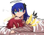  2girls arknights blue_eyes blue_hair closed_eyes commentary detached_wings donki_(yeah) eighth_note exusiai_(arknights) halo hand_on_another&#039;s_head hand_up headpat horns lying mostima_(arknights) multiple_girls musical_note on_stomach pillow redhead short_sleeves sleeping under_covers upper_body white_background wings 