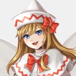  1girl blonde_hair blue_eyes blush bow bowtie capelet close-up commentary_request dress eyelashes face fairy fairy_wings happy hat hat_bow hoshiringo0902 lily_white lips long_hair open_mouth orange_hair pointy_hat red_bow red_bowtie sidelocks simple_background teeth touhou upper_teeth white_background white_capelet white_dress white_headwear wings 