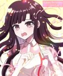  1girl apron artist_name bandaged_arm bandages bangs blush breasts collared_shirt confetti danganronpa_(series) danganronpa_2:_goodbye_despair dated hands_up happy_birthday large_breasts long_hair looking_at_viewer mikao_(eanv5385) mole mole_under_eye open_mouth pink_shirt red_eyes redhead shiny shiny_hair shirt solo tearing_up tsumiki_mikan white_apron 