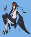  1girl absurdres animal_feet animal_hands armlet bird bird_girl bird_tail bird_wings black_hair black_skin blonde_hair blue_background claws colored_skin daon_(kenta111881) feather_hair feathered_wings full_body hand_up harpy highres knees_up looking_away monster_girl nude original red_skin redhead solo swallow_(bird) tail talons white_skin winged_arms wings yellow_eyes 