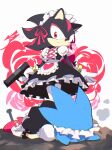  2boys absurdres aetherion alternate_costume apron black_dress dress enmaided frown full_body furry furry_male gun handgun highres holding holding_gun holding_weapon maid maid_headdress multiple_boys puffy_short_sleeves puffy_sleeves red_eyes red_footwear shadow_the_hedgehog short_sleeves sonic_(series) sonic_the_hedgehog thigh-highs weapon white_background white_legwear 