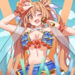  1girl bangs bikini blurry blurry_foreground blush bow breasts criss-cross_halter frilled_bikini frills glowstick hair_between_eyes hair_ribbon halterneck holding holding_microphone large_breasts long_hair looking_at_viewer microphone nozomi_(princess_connect!) orange_eyes orange_hair princess_connect! ribbon simplecar solo swimsuit twintails very_long_hair 
