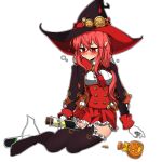  1girl blush dungeon_and_fighter gloves hat jack-o&#039;-lantern looking_down mage_(dungeon_and_fighter) no_shoes potion red_eyes redhead sitting sss_(komojinos3) thigh-highs white_background witch witch_(dungeon_and_fighter) witch_hat 