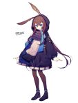  1girl amiya_(arknights) animal_ears ankleband arknights ascot black_footwear black_legwear blue_ascot blue_eyes blue_skirt brown_hair character_name copyright_name cot_(co2cotton) full_body highres hood hood_up hooded_jacket jacket jewelry light_blush long_hair looking_at_viewer multiple_rings pantyhose plaid plaid_skirt ponytail rabbit_ears ring shirt shoes sidelocks simple_background skirt solo thigh_strap white_background white_shirt 
