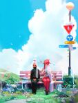  2girls bench cat closed_eyes clouds day flower ghost grass long_hair multiple_girls outdoors redhead road_sign ross_tran sign sitting sky sword weapon white_hair 