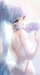  1girl blue_hair breasts bridal_veil dress from_behind genshin_impact grey_eyes hand_fan highres holding holding_fan kamisato_ayaka long_hair long_sleeves looking_at_viewer medium_breasts open_mouth pistachiocream ponytail solo veil wedding_dress white_dress white_sleeves 
