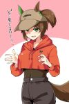  1girl alternate_costume animal_ears breasts brown_hair casual commentary_request freckles green_eyes hat highres horse_ears ines_fujin_(umamusume) large_breasts looking_at_viewer medium_hair open_mouth shii_(seaside720) shorts side_ponytail solo translation_request umamusume 