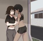  2girls black_hair black_shirt black_shorts black_tank_top blush brown_eyes brown_hair commentary dark-skinned_female dark_skin english_commentary eye_contact freckles grey_pants hand_on_another&#039;s_chin hand_on_another&#039;s_stomach hiwonoafu looking_at_another midriff multiple_girls navel open_mouth original pants saliva saliva_trail shirt short_hair short_shorts short_sleeves shorts smile tank_top tomboy yuri 