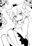  1girl animal_ear_fluff bangs black_skirt cherry_blossoms feet_out_of_frame flower greyscale hat highres inubashiri_momiji kibisake long_sleeves looking_at_viewer medium_hair monochrome petals pom_pom_(clothes) shirt simple_background skirt smile solo thick_eyebrows tokin_hat touhou white_background white_shirt 