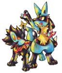  animal_hands black_hair closed_mouth fang furry holding izumi_asuka lucario luxray marker_(medium) no_humans open_mouth poke_ball pokemon pokemon_(creature) red_eyes simple_background smile spikes standing traditional_media white_background 