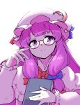  1girl \||/ backlighting bangs berusuke_(beru_no_su) bespectacled bloom blunt_bangs blush book bow crescent crescent_hat_ornament expressionless eyebrows_visible_through_hair glasses hat hat_ornament holding long_hair long_sleeves looking_to_the_side mob_cap patchouli_knowledge purple_hair simple_background solo touhou violet_eyes white_background 