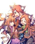  3girls animal_ears animal_hands cat_ears crying dungeon_and_fighter elda_(dungeon_and_fighter) hug long_hair multiple_girls redhead shoulin_siu siblings sisters sketch skuldi smile staff tears verdil white_background 