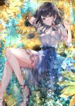  1girl absurdres bangs bare_legs black_hair blue_bow blue_skirt blush bow breasts flower highres long_hair looking_at_viewer medium_breasts motimoti067 original sandals shirt short_sleeves skirt smile solo strappy_heels sunflower underwater water white_shirt yellow_eyes 