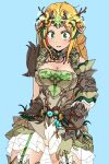  1girl armor blonde_hair blue_background branch dungeon_and_fighter elven_knight_(dungeon_and_fighter) flower highres knight_(dungeon_and_fighter) long_hair see-through see-through_skirt shoulder_armor skirt solo sss_(komojinos3) surprised thighs upper_body 