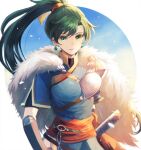  1girl armor black_shirt blue_dress coat collared_shirt dress earrings fire_emblem fire_emblem:_the_blazing_blade fur-trimmed_coat fur_trim green_eyes green_hair high_ponytail jewelry kro long_hair looking_at_viewer lyn_(fire_emblem) ponytail rope_belt sheath shirt simple_background smile solo sunlight sword very_long_hair weapon 