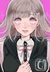  1girl absurdres backpack bag bangs black_jacket blunt_bangs breasts brown_hair closed_mouth commentary_request danganronpa_(series) danganronpa_2:_goodbye_despair dress_shirt flipped_hair galaga hair_ornament highres jacket large_breasts medium_hair momodani_emu nanami_chiaki neck_ribbon pink_background pink_eyes ribbon shirt signature solo white_shirt 