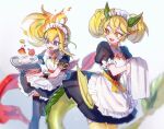  2girls ahoge alternate_costume apron black_choker black_legwear blonde_hair breasts choker commentary_request dragon_girl dragon_horns dragon_tail duel_monster eyebrows_visible_through_hair eyes_visible_through_hair fire green_hair horns looking_back maid maid_apron maid_headdress medium_breasts multicolored_hair multiple_girls open_mouth parlor_dragonmaid pointy_ears sasagaku_sando sevens_road_witch side_ponytail tail thigh-highs towel tray twintails two-tone_hair violet_eyes yellow_legwear yu-gi-oh! yu-gi-oh!_rush_duel 