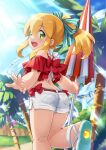  android ass back bangs beach_umbrella belt blonde_hair blue_sky blush bow building clouds commentary_request day eyebrows_visible_through_hair frilled_shirt frills green_eyes hair_ribbon holding holding_umbrella inou_shin joints leg_up legs long_hair looking_back mega_man_(series) open_mouth outdoors palm_tree pocket ponytail red_bow red_shirt ribbon robot_joints roll_(mega_man) sandals shirt shorts sidelocks sky smile sunlight thighs tree umbrella white_shorts 
