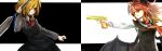  2girls :o aiming ascot bat_wings black_background black_dress black_vest blonde_hair blood blood_on_weapon checkered_background collared_shirt commentary_request desert_eagle dress dress_shirt finger_on_trigger futatsuki_eru golden_gun grand_theft_auto gun hair_between_eyes hair_over_one_eye handgun head_wings highres holding holding_gun holding_weapon koakuma long_hair long_sleeves looking_at_another looking_to_the_side multiple_girls necktie pointy_ears red_ascot red_eyes red_necktie redhead rumia shirt simple_background touhou upper_body vest weapon white_background white_shirt wings 