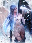  1girl bird blue_hair gloves holding holding_weapon lips long_hair looking_at_animal owl ross_tran snow tachibana_kanade thighs weapon 