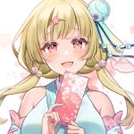  1girl anzu_1026 bangs blonde_hair blush breasts fuuka_rin hair_ornament hands_up highres indie_virtual_youtuber large_breasts long_hair looking_at_viewer low_twintails open_mouth pink_eyes smile solo twintails upper_body virtual_youtuber 