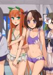  4girls admire_vega_(umamusume) animal_ears bangs bikini blunt_bangs blush breasts brown_hair collarbone ear_covers ear_ribbon embarrassed flat_chest frilled_bikini frills geppewi green_bikini green_eyes hair_ornament hairband highres holding_another&#039;s_arm holding_own_arm horse_ears horse_girl horse_tail long_hair midriff multicolored_hair multiple_girls navel open_mouth orange_hair purple_ribbon purple_shorts purple_sports_bra ribbon school_uniform short_shorts shorts silence_suzuka_(umamusume) small_breasts special_week_(umamusume) sports_bra streaked_hair sweat swimsuit tail tracen_school_uniform umamusume very_long_hair white_hair 