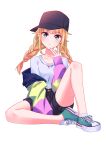  1girl absurdres bangs bare_legs baseball_cap black_headwear black_shorts blonde_hair blue_eyes blunt_bangs braid breasts closed_mouth collarbone eyebrows_visible_through_hair hand_to_own_mouth hat head_tilt highres hood hoodie knee_up long_hair looking_at_viewer paripi_koumei shirt shirt_tucked_in shoes shorts simple_background sitting sneakers solo spread_legs tsukimi_eiko white_shirt yumesphere 