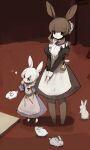  2girls animal_ears animal_feet barefoot bell black_bow bow brown_eyes brown_hair bug butterfly child closed_mouth dot_mouth dot_nose eyebrows_visible_through_hair frills hair_bow highres long_hair looking_at_viewer maid multiple_girls original puffy_sleeves rabbit rabbit_ears rabbit_girl red_eyes shirokujira standing white_hair 