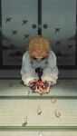  1boy blonde_hair blurry bowing child cloth colored_tips crying depth_of_field flame_print forked_eyebrows hakama highres holding indoors japanese_clothes kimetsu_no_yaiba long_sleeves male_focus marble_(toy) memory motion_blur multicolored_hair on_floor outstretched_arms own_hands_together redhead rengoku_kyoujurou rengoku_senjurou seiza shouji sidelocks sitting sliding_doors solo streaked_hair tatami tears tsuba_(guard) yuki_(yuki3243) 