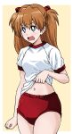  1girl bangs blue_eyes blush border bright_pupils buruma clothes_lift commentary eyebrows_visible_through_hair frown girls_und_panzer gym_shirt gym_uniform hair_ornament highres lifted_by_self long_hair looking_to_the_side navel neon_genesis_evangelion open_mouth orange_hair outside_border ponzu_rui red_buruma shirt shirt_lift short_sleeves simple_background solo souryuu_asuka_langley standing white_border white_pupils white_shirt yellow_background 