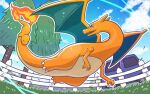  car charizard charmander claws clouds commentary_request day fence flame-tipped_tail flying from_below grass ground_vehicle hatoro_kuroyoshi looking_back motor_vehicle no_humans outdoors pokemon pokemon_(creature) sky tree 