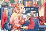  0shu_0v0 1boy at_computer bookshelf bowl cardigan_removed cellphone chair charm_(object) clock contemporary cup desk desk_lamp eyewear_removed food forked_eyebrows from_side glasses half_updo hand_up holding holding_phone indoors keyboard_(computer) kimetsu_no_yaiba lamp long_sleeves looking_at_phone male_focus monitor mouse_(computer) mug multicolored_hair office_chair orange_hair phone photo_(object) plant potted_plant printer redhead rengoku_kyoujurou sidelocks signature sitting smile solo streaked_hair stuffed_tanuki sweater upper_body v-neck 