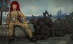  1girl belt black_footwear corpse freckles gloves grey_belt grin hair_flaps highres jacket long_hair looking_at_viewer mossacannibalis original pants pile_of_corpses post-apocalypse redhead road_sign sign sitting smile solo yellow_eyes yellow_gloves yellow_jacket yellow_pants 