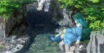  1girl backpack bag blue_footwear blue_hair boots clip_studio_paint_(medium) green_headwear kawashiro_nitori leaf river solo suna_(s73d) touhou tree twintails water waterfall 