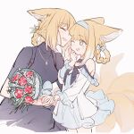  2girls :d ;d ^_^ animal_ear_fluff animal_ears arknights bangs bare_shoulders black_dress blonde_hair blue_bow blue_dress blue_hairband blush bouquet bow braid brown_hair closed_eyes commentary_request dress eyebrows_visible_through_hair fang flower fox_ears fox_girl fox_tail frilled_sleeves frills grey_background hair_bow hair_rings hairband hand_up highres jacket kaleka kitsune long_sleeves multiple_girls one_eye_closed red_flower simple_background smile suzuran_(arknights) tail white_flower white_jacket 