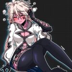 1girl closed_eyes colored_skin dark_elf dungeon_and_fighter ear_cleaning elf gloves happy jacket messy_hair no_shoes pointy_ears ponytail purple_skin rogue_(dungeon_and_fighter) sitting sss_(komojinos3) thief_(dungeon_and_fighter) thigh-highs white_hair 