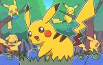  &gt;_&lt; :d berry_(pokemon) brown_eyes commentary_request day grass happy hatoro_kuroyoshi holding no_humans open_mouth oran_berry outdoors outline pikachu pokemon pokemon_(creature) smile solo tongue tree 