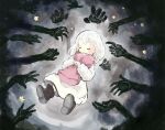  1girl black_footwear boots child closed_eyes commentary_request darkness dress full_body highres long_sleeves lying medium_hair multiple_hands object_hug on_back original pillow pillow_hug star_(symbol) white_dress white_hair yubrich 