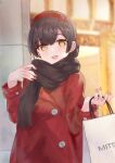  1girl :d absurdres bag black_hair brown_eyes brown_scarf coat commentary double_bun eyebrows_visible_through_hair highres kantai_collection long_hair looking_at_viewer mitsukoshi_(department_store) om10 red_coat scarf shopping_bag smile solo un&#039;you_(kancolle) upper_body yawata_maru_(kancolle) 