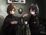  2girls alternate_costume animal_ear_fluff animal_ears bangs black_eyes black_hair brown_hair commentary common_raccoon_(kemono_friends) couch cup earrings english_commentary extra_ears eyes_visible_through_hair fennec_(kemono_friends) food food_on_face fox_ears fox_girl hair_between_eyes highres holding holding_cup indoors jewelry kemono_friends light_smile long_sleeves looking_at_another multiple_girls nanana_(nanana_iz) one_eye_closed open_mouth outstretched_arm portrait_(object) raccoon_ears raccoon_girl raccoon_tail short_hair stud_earrings tail tray 