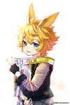  1boy alalen animal_ears arknights black_gloves blonde_hair cowboy_shot eyebrows_visible_through_hair fingerless_gloves gloves green_eyes hand_up highres jacket leonhardt_(arknights) looking_at_viewer male_focus rabbit_boy rabbit_ears short_hair solo sparkle tongue tongue_out v 