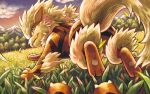  arcanine blurry bright_pupils brown_eyes closed_mouth clouds commentary_request evolutionary_line falling_leaves fangs fangs_out grass growlithe leaf looking_back matsuri_(matsuike) outdoors pokemon pokemon_(creature) pov running sky twilight white_pupils 
