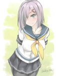  1girl black_legwear breasts cowboy_shot gakky gloves grey_eyes grey_hair grey_neckerchief grey_skirt hair_ornament hair_over_one_eye hairclip hamakaze_(kancolle) kantai_collection large_breasts looking_at_viewer neckerchief one-hour_drawing_challenge pleated_skirt school_uniform serafuku short_hair skirt smile solo standing white_gloves yellow_neckerchief 